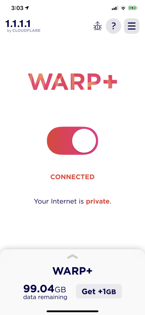 Bước 3: Bạn nhấn vào nút nằm giữa màn hình để bật kết nối. Lúc này, màn hình sẽ hiển thị thông báo “Your internet is private”. 