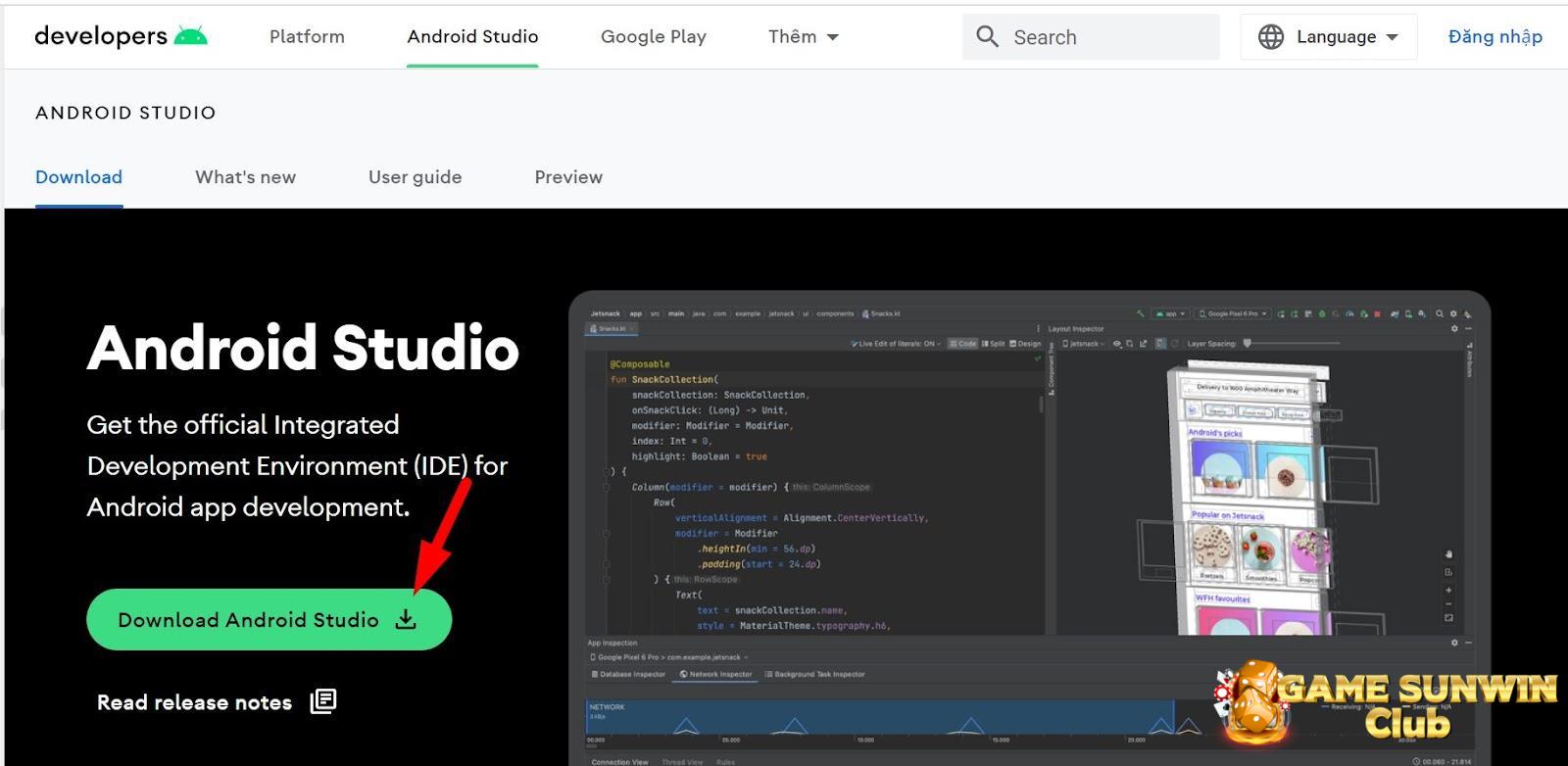 mở trình duyệt web truy cập vào website chính thức của Android Studio 